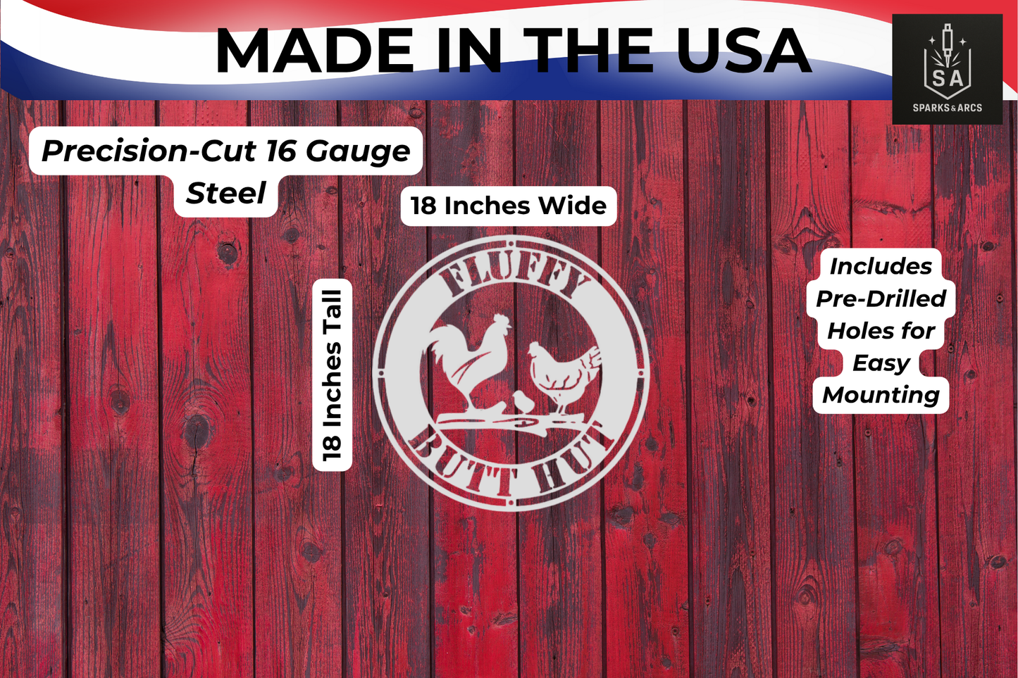 Fluffy Butt Hut Metal Sign | 18" Round Chicken Coop Décor | Funny Farmhouse Wall Art | Made in Texas