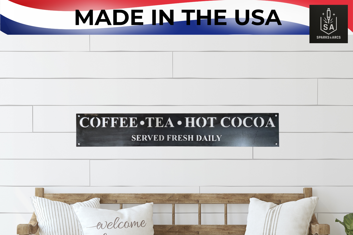Large Framed Coffee Bar Sign | Metal "Coffee Tea Hot Cocoa" Wall Art | Farmhouse Kitchen Décor | Made in Texas