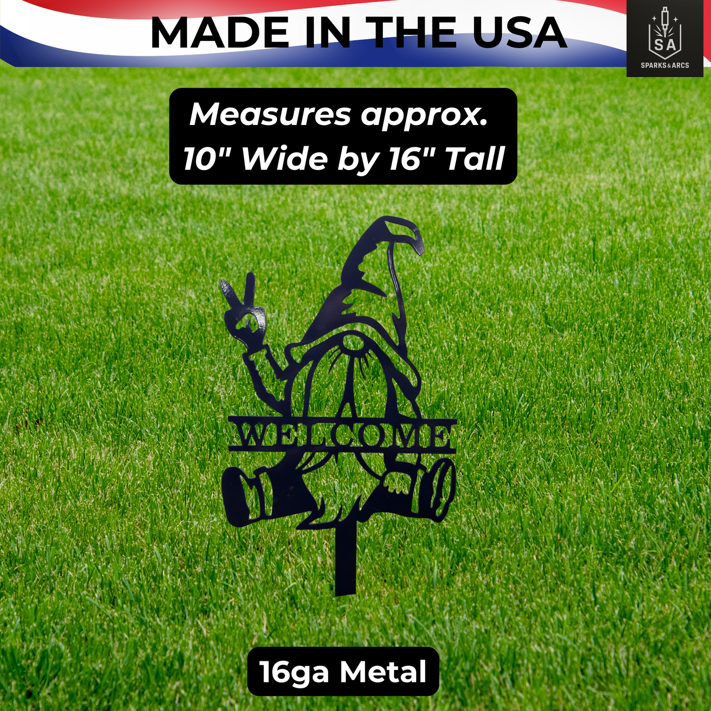 Peace Sign Gnome Metal Garden Stake | "Welcome" Metal Yard Art | Handcrafted 16" Steel Décor | Made in Texas