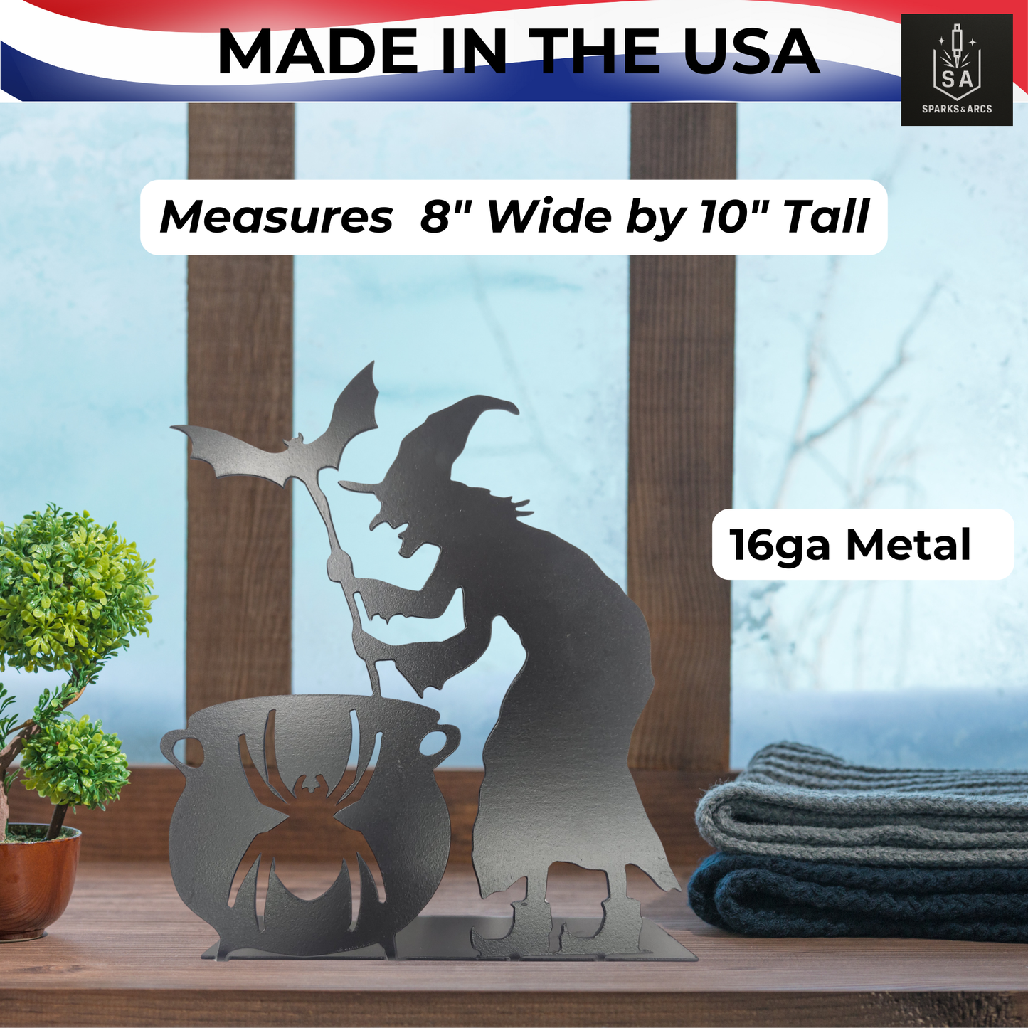 Handcrafted Witch & Cauldron Metal Décor | Texas-Made Halloween Tabletop Decoration | Spooky 16-Gauge Steel Accent