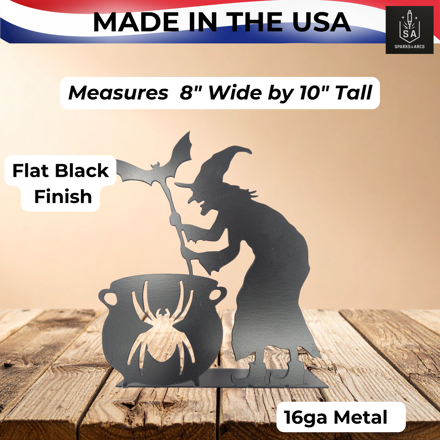 Handcrafted Witch & Cauldron Metal Décor | Texas-Made Halloween Tabletop Decoration | Spooky 16-Gauge Steel Accent