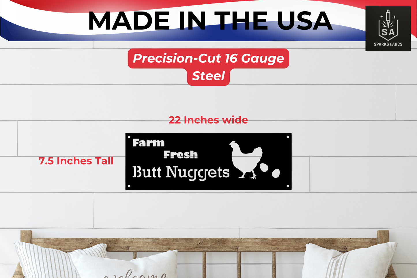 Farm Fresh Butt Nuggets Sign | Funny Metal Chicken Coop Décor | Handcrafted 16-Gauge Steel Sign | Made in Texas