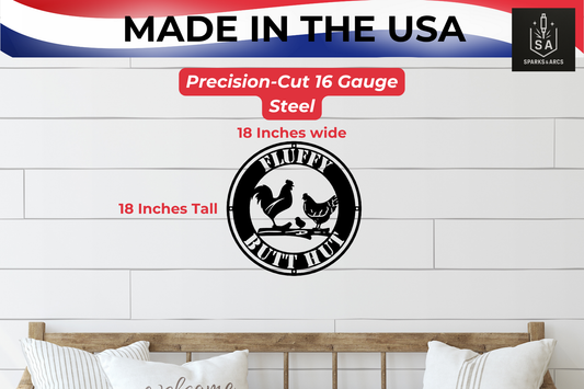 Fluffy Butt Hut Metal Sign | 18" Round Chicken Coop Décor | Funny Farmhouse Wall Art | Made in Texas