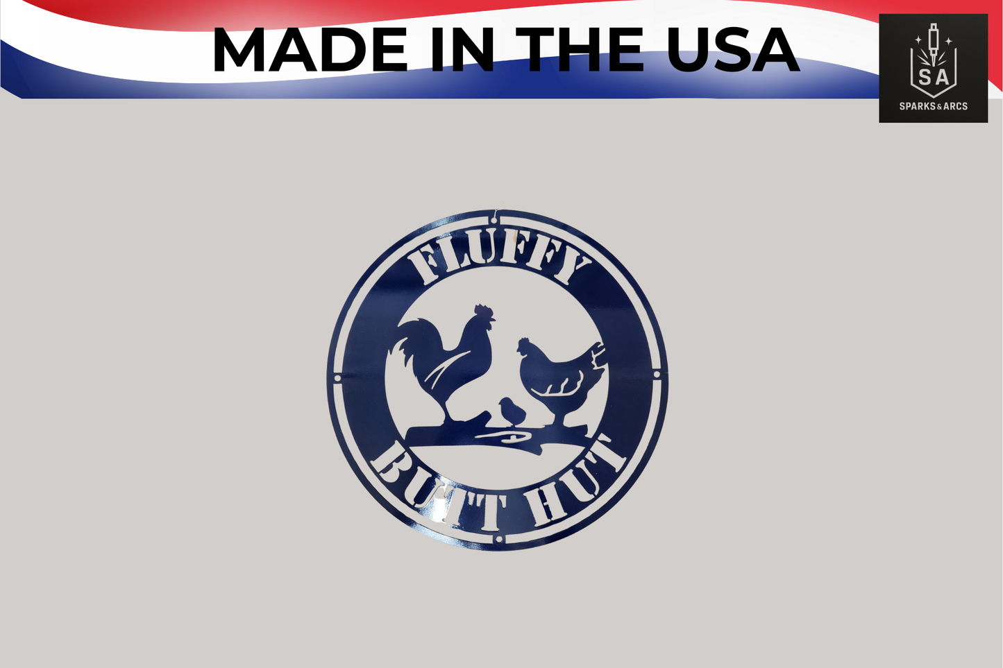 Fluffy Butt Hut Metal Sign | 18" Round Chicken Coop Décor | Funny Farmhouse Wall Art | Made in Texas