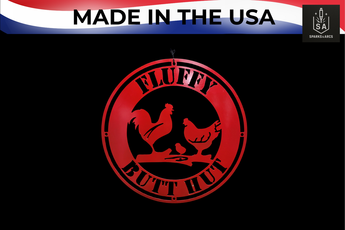 Fluffy Butt Hut Metal Sign | 18" Round Chicken Coop Décor | Funny Farmhouse Wall Art | Made in Texas