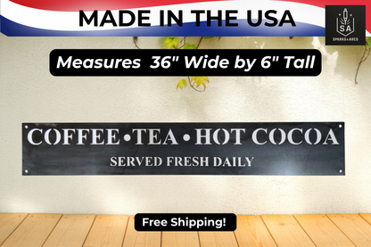 Large Framed Coffee Bar Sign | Metal "Coffee Tea Hot Cocoa" Wall Art | Farmhouse Kitchen Décor | Made in Texas