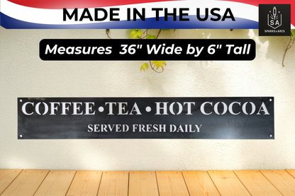 Large Framed Coffee Bar Sign | Metal "Coffee Tea Hot Cocoa" Wall Art | Farmhouse Kitchen Décor | Made in Texas