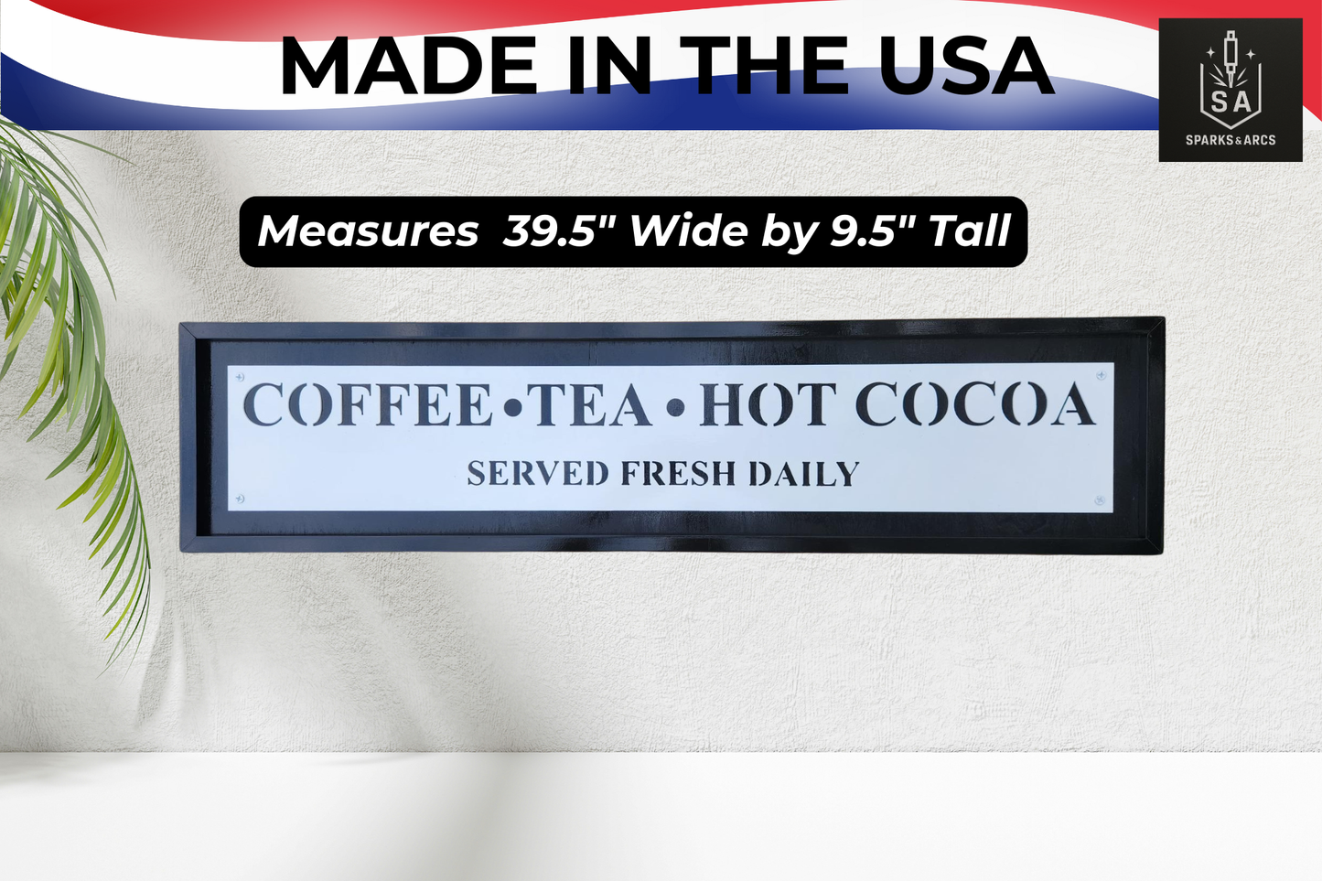 Large Framed Coffee Bar Sign | Metal "Coffee Tea Hot Cocoa" Wall Art | Farmhouse Kitchen Décor | Made in Texas