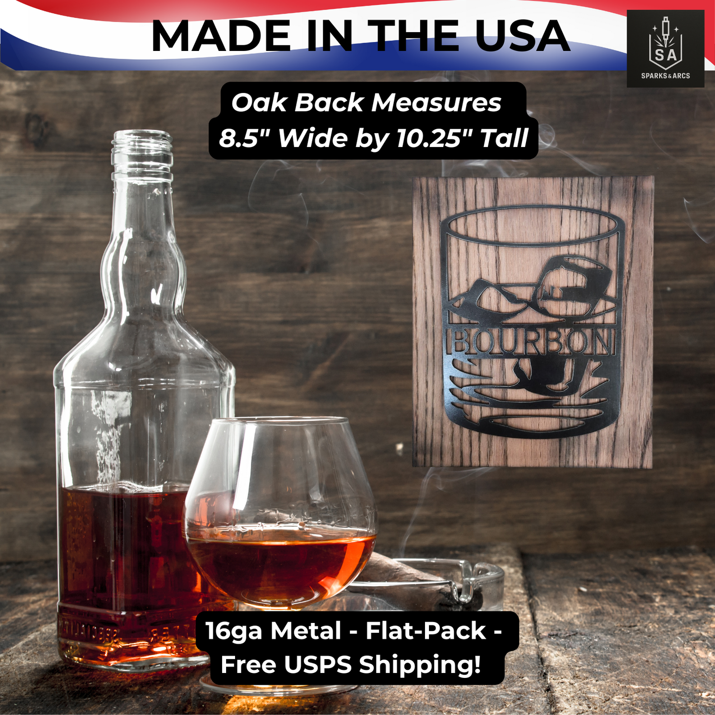 Whiskey & Bourbon Glass Metal Sign | Bar Décor for Man Cave | Rustic Wall Art | Made in Texas