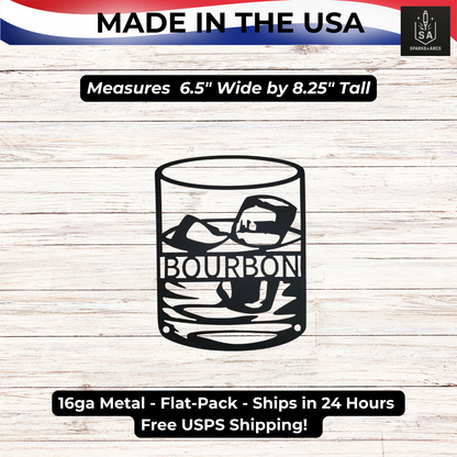 Whiskey & Bourbon Glass Metal Sign | Bar Décor for Man Cave | Rustic Wall Art | Made in Texas
