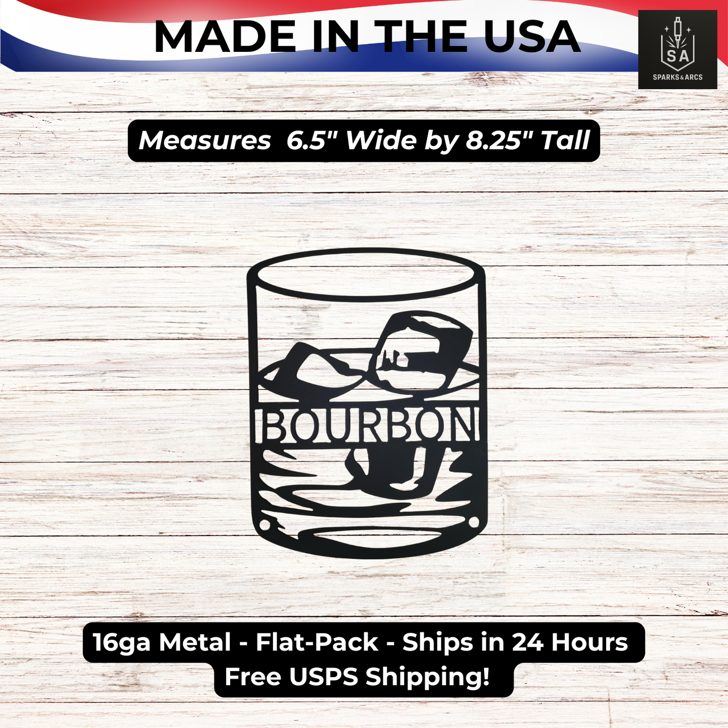 Whiskey & Bourbon Glass Metal Sign | Bar Décor for Man Cave | Rustic Wall Art | Made in Texas