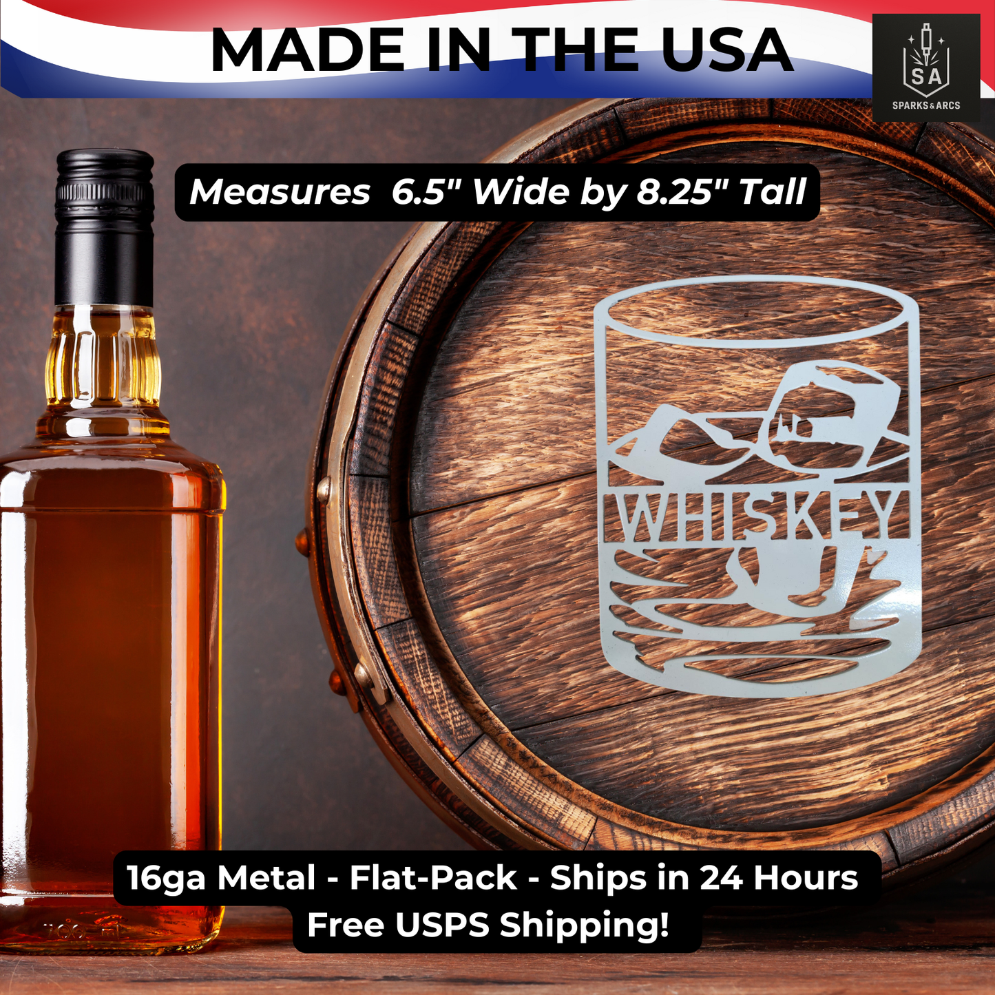 Whiskey & Bourbon Glass Metal Sign | Bar Décor for Man Cave | Rustic Wall Art | Made in Texas