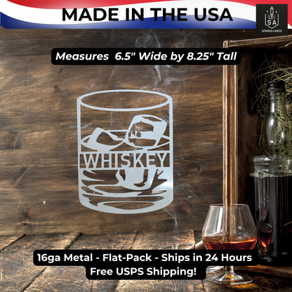 Whiskey & Bourbon Glass Metal Sign | Bar Décor for Man Cave | Rustic Wall Art | Made in Texas