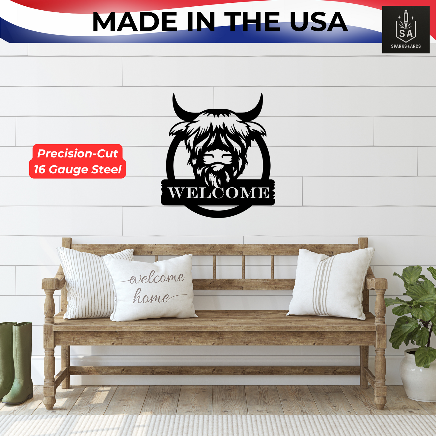 Highland Cow Welcome Sign | Handcrafted Metal Wall Art | Farmhouse Home Décor | Made in Texas