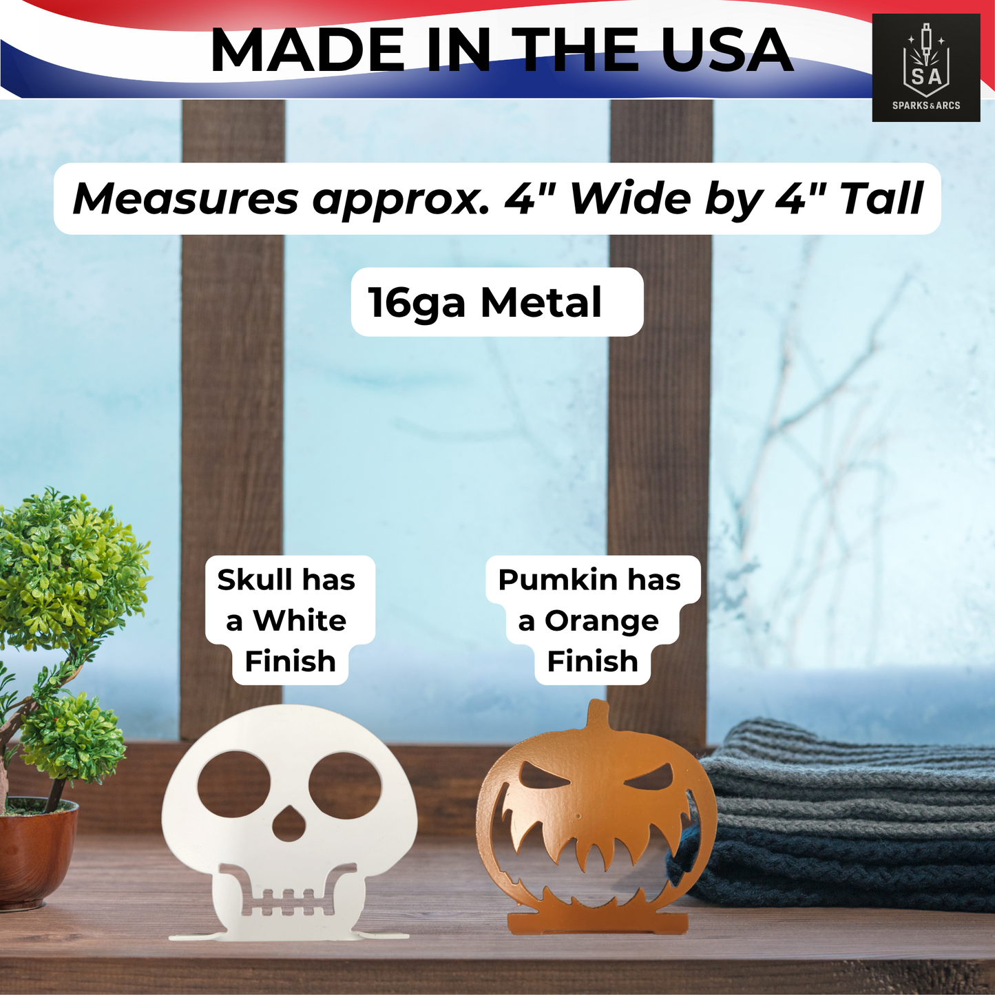 Mini Halloween Metal Décor | Skull or Pumpkin | 4x4 Tabletop Accent | Made in Texas