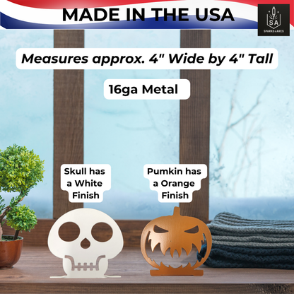 Mini Halloween Metal Décor | Skull or Pumpkin | 4x4 Tabletop Accent | Made in Texas