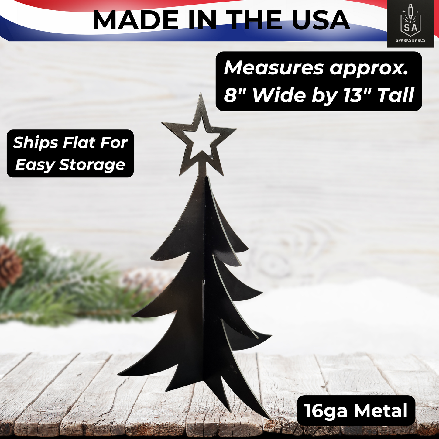 3D Metal Christmas Tree with Star | Rustic Holiday Décor | 13" Freestanding Steel Art | Made in Texas