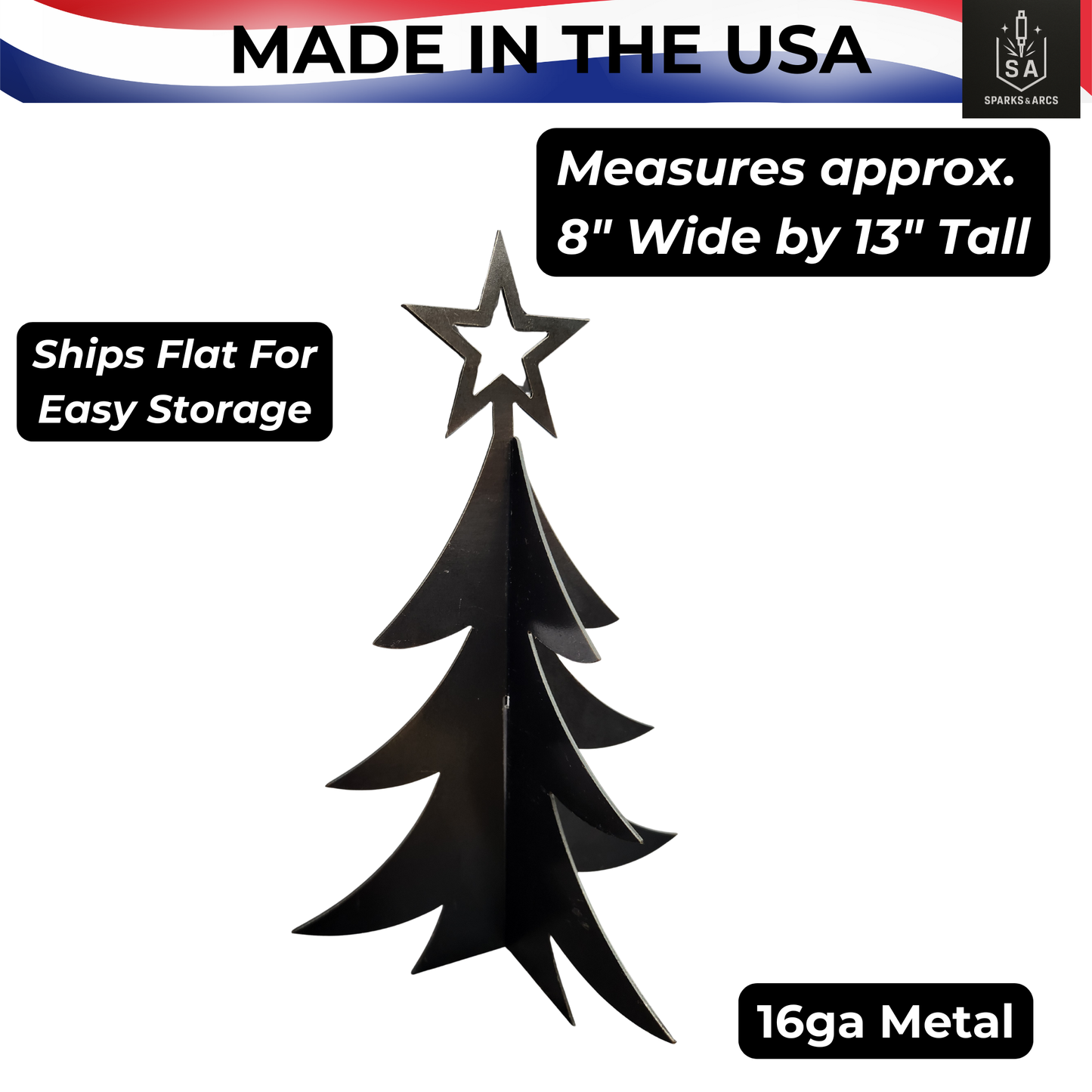 3D Metal Christmas Tree with Star | Rustic Holiday Décor | 13" Freestanding Steel Art | Made in Texas