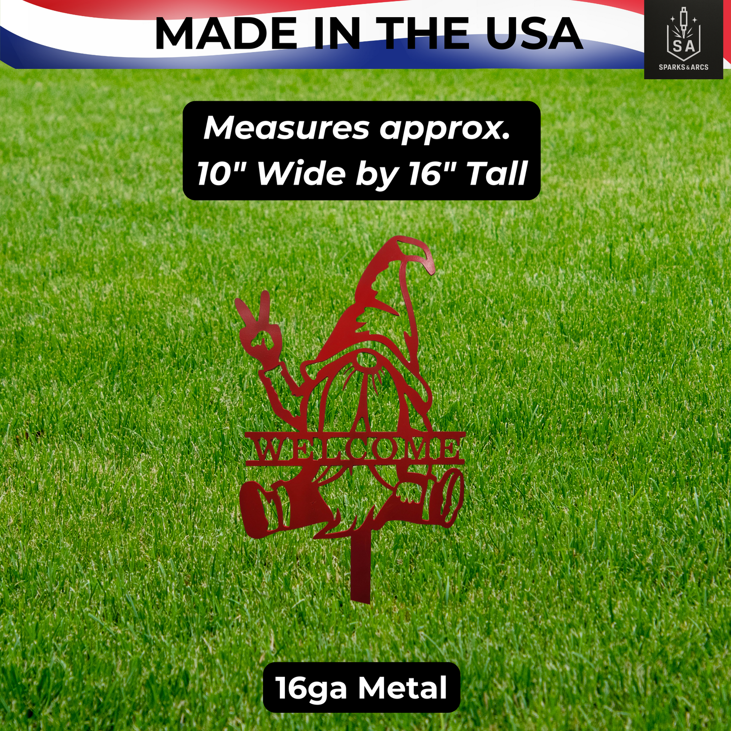 Peace Sign Gnome Metal Garden Stake | "Welcome" Metal Yard Art | Handcrafted 16" Steel Décor | Made in Texas