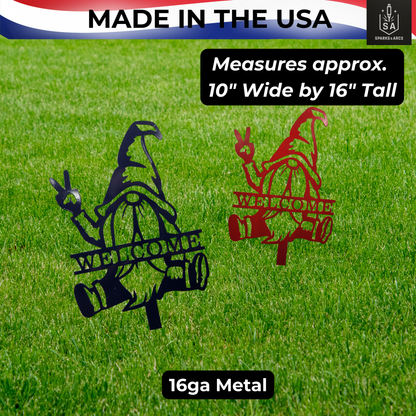Peace Sign Gnome Metal Garden Stake | "Welcome" Metal Yard Art | Handcrafted 16" Steel Décor | Made in Texas